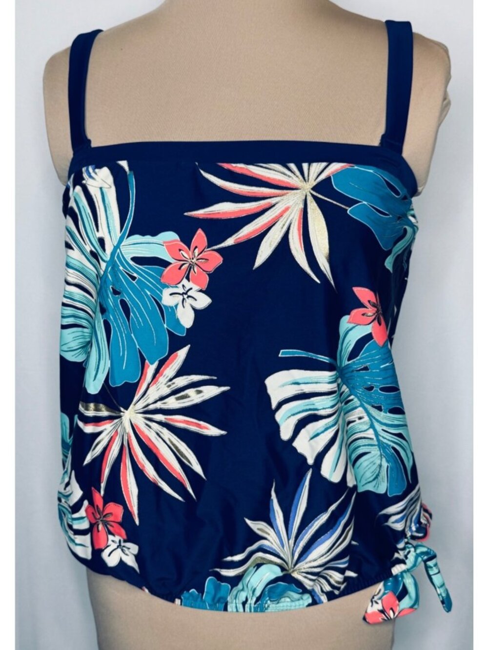 Maxine of Hollywood Navy Hula Leaf Tankini Swim Bandeau Top Size 10 Side Tie